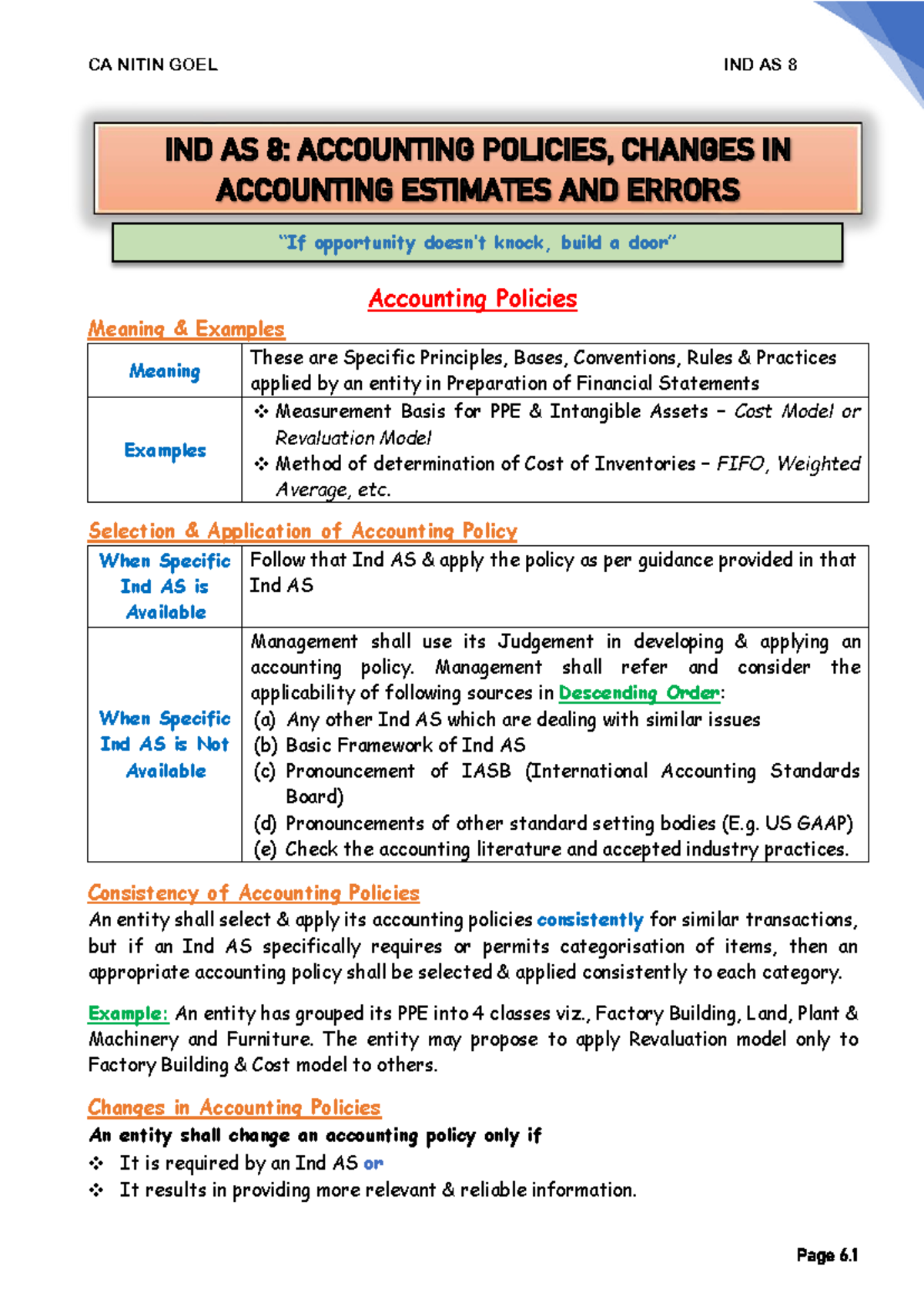 CA NITIN GOEL IND AS 8: Accounting Policies & Changes Explained - Studocu