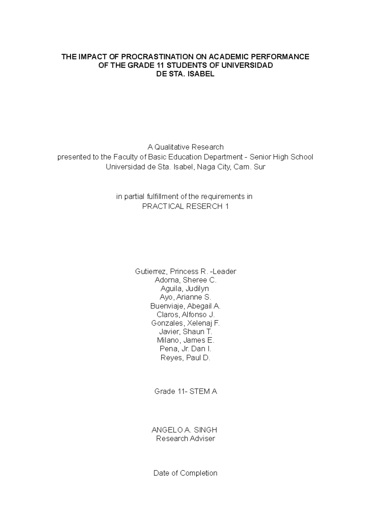 The Impact of Procrastination on Grade 11 Academic Performance ...