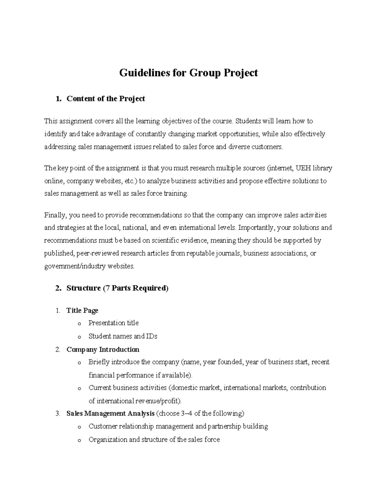 Guidelines for Group Project 1: Sales Management Analysis - EN - Studocu