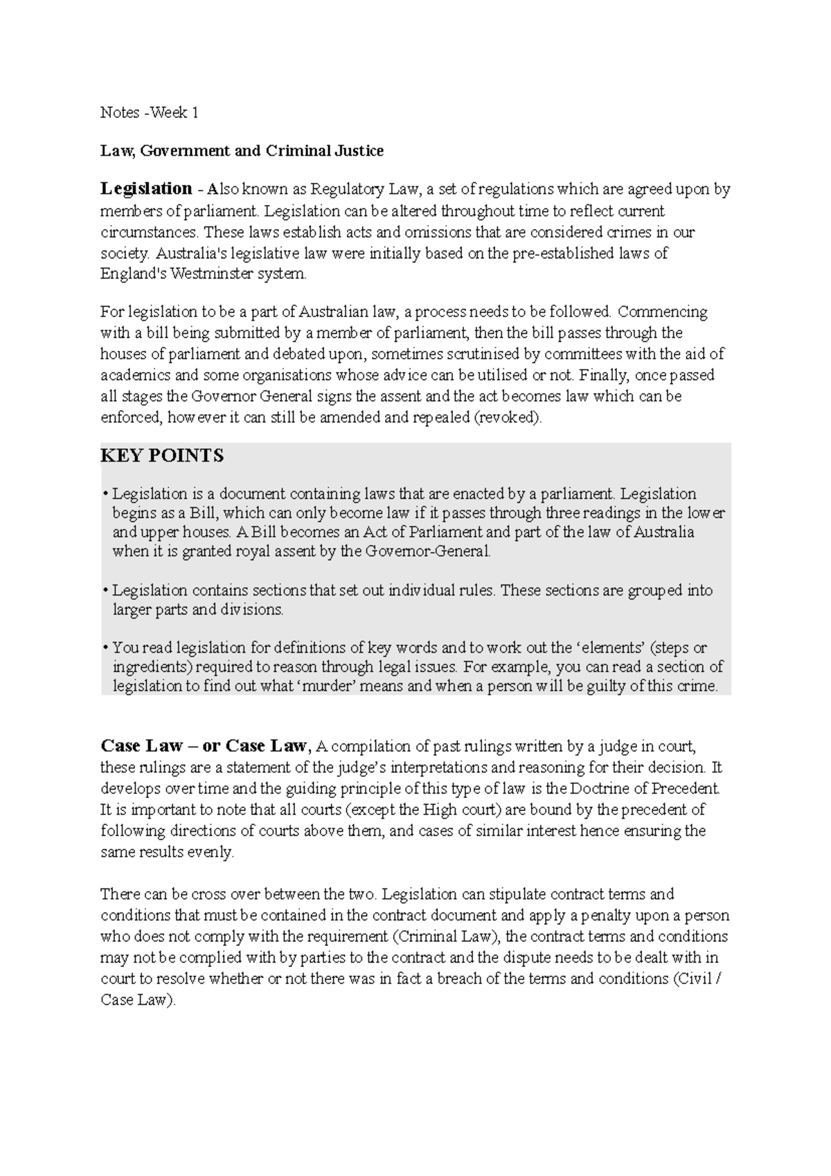 Week one - Lecture notes 1 - Notes -Week 1 Law, Government and Criminal ...