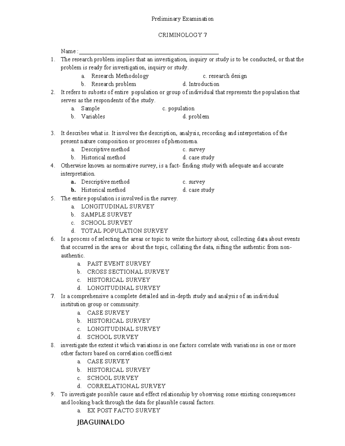 CRIMINOLOGY 7: Preliminary Exam Sample Questions & Answers - Studocu