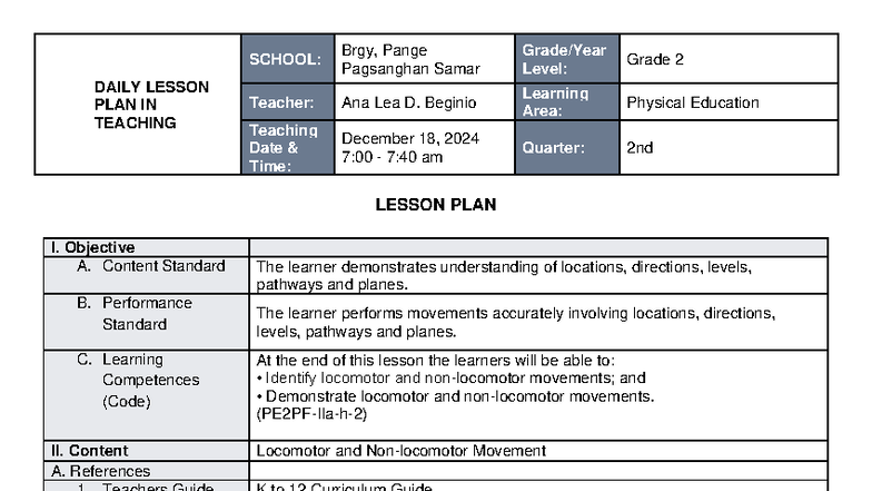 DAILY LESSON PLAN: Locomotor Movements for Grade 2 (PE) - Studocu
