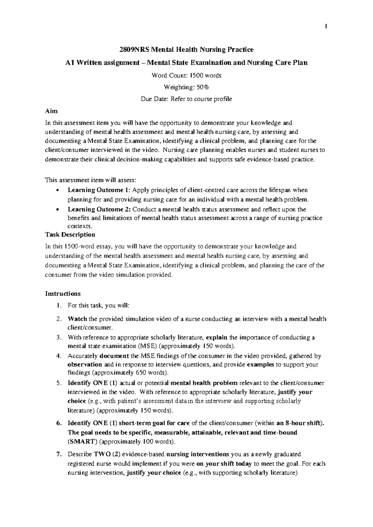 2809NRS Mental Health Nursing A1: MSE & Care Plan Assignment 2024 - Studocu