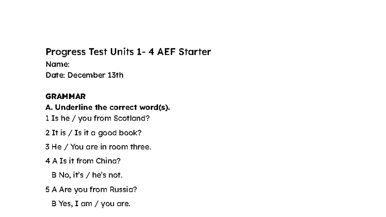 Progress Test 1: AEF Starter Grammar & Vocabulary Review - Studocu
