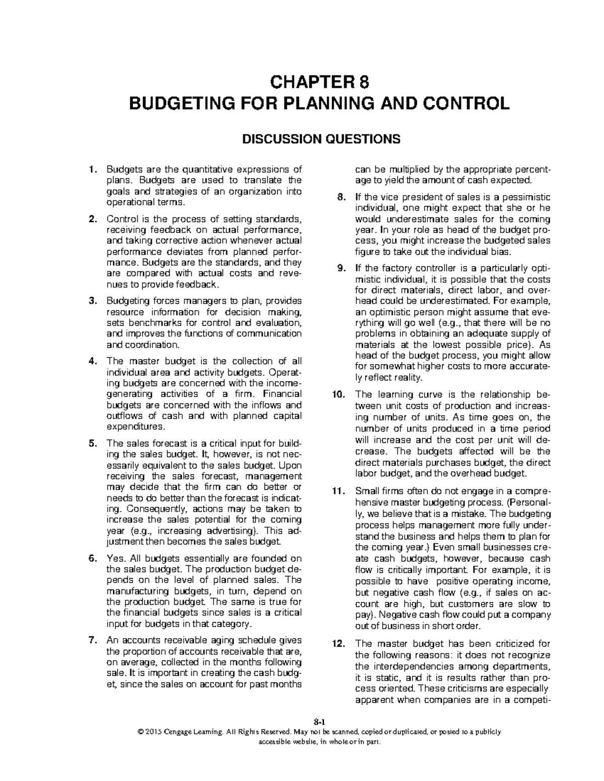 CHAPTER 8 BUDGETING FOR PLANNING AND CONTROL DISCUSSION QUESTIONS - Studocu