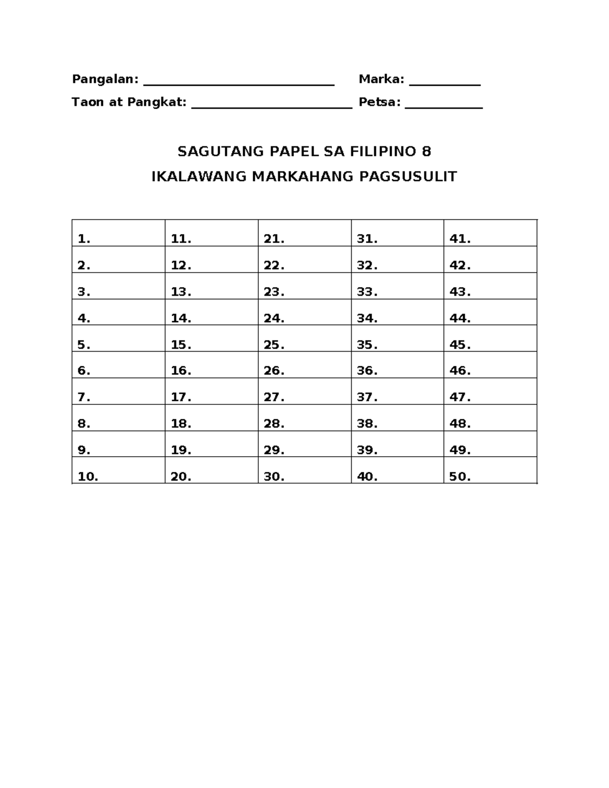 AS - Answer sheet - Filipino - Pangalan ...
