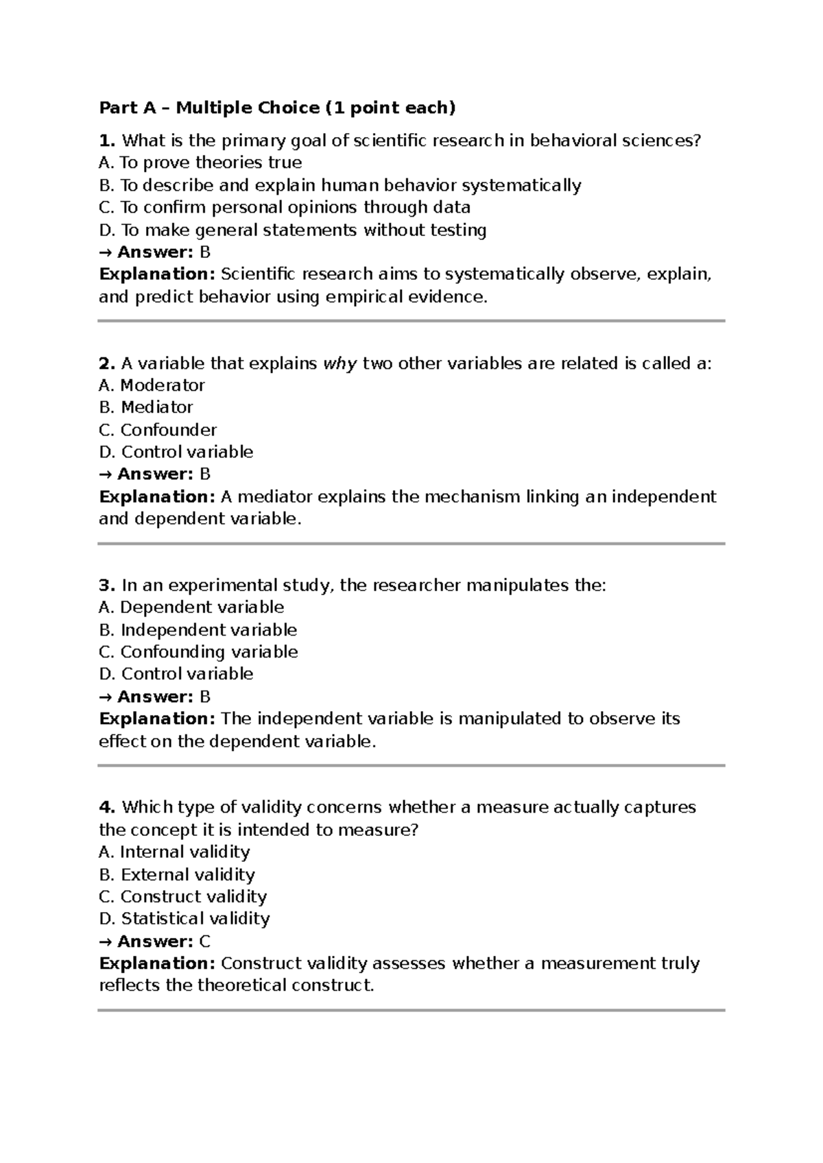 Oefentoets - Practice Exam for Behavioral Sciences (Part A MCQs ...