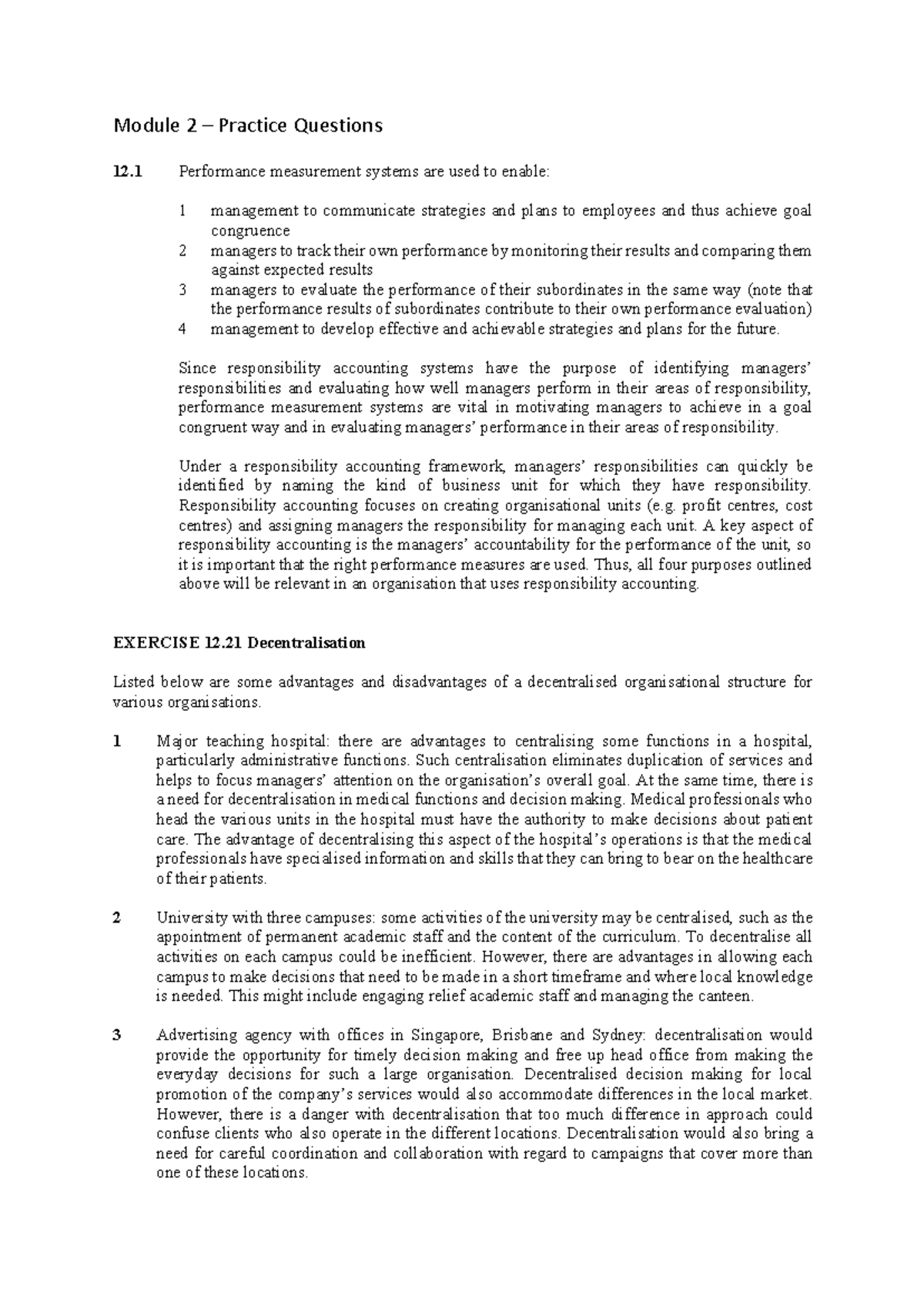Module 2 PQ - Performance Measurement & Decentralisation Insights - Studocu