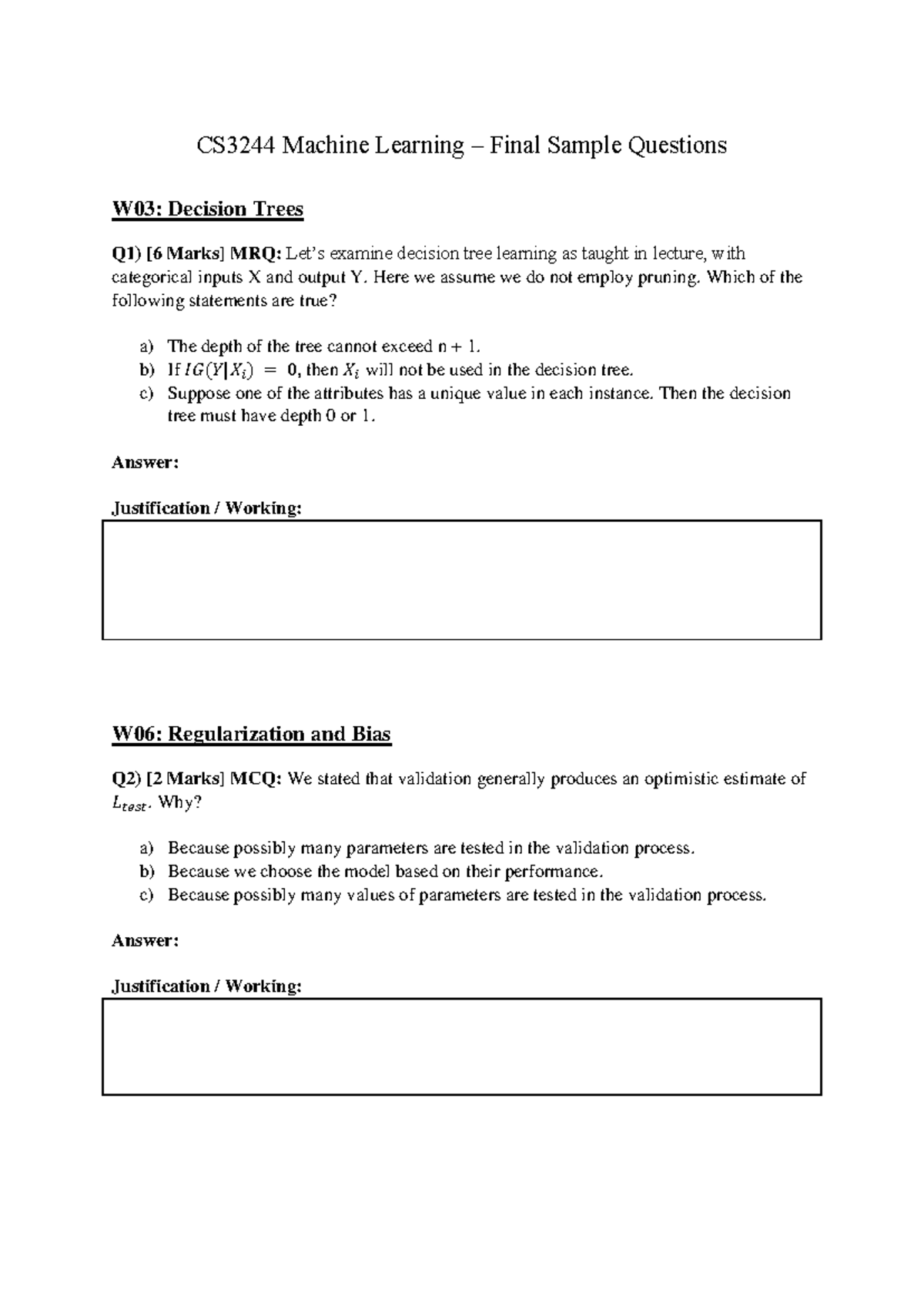 CS3244 Final Exam Sample Questions - Machine Learning Concepts - Studocu