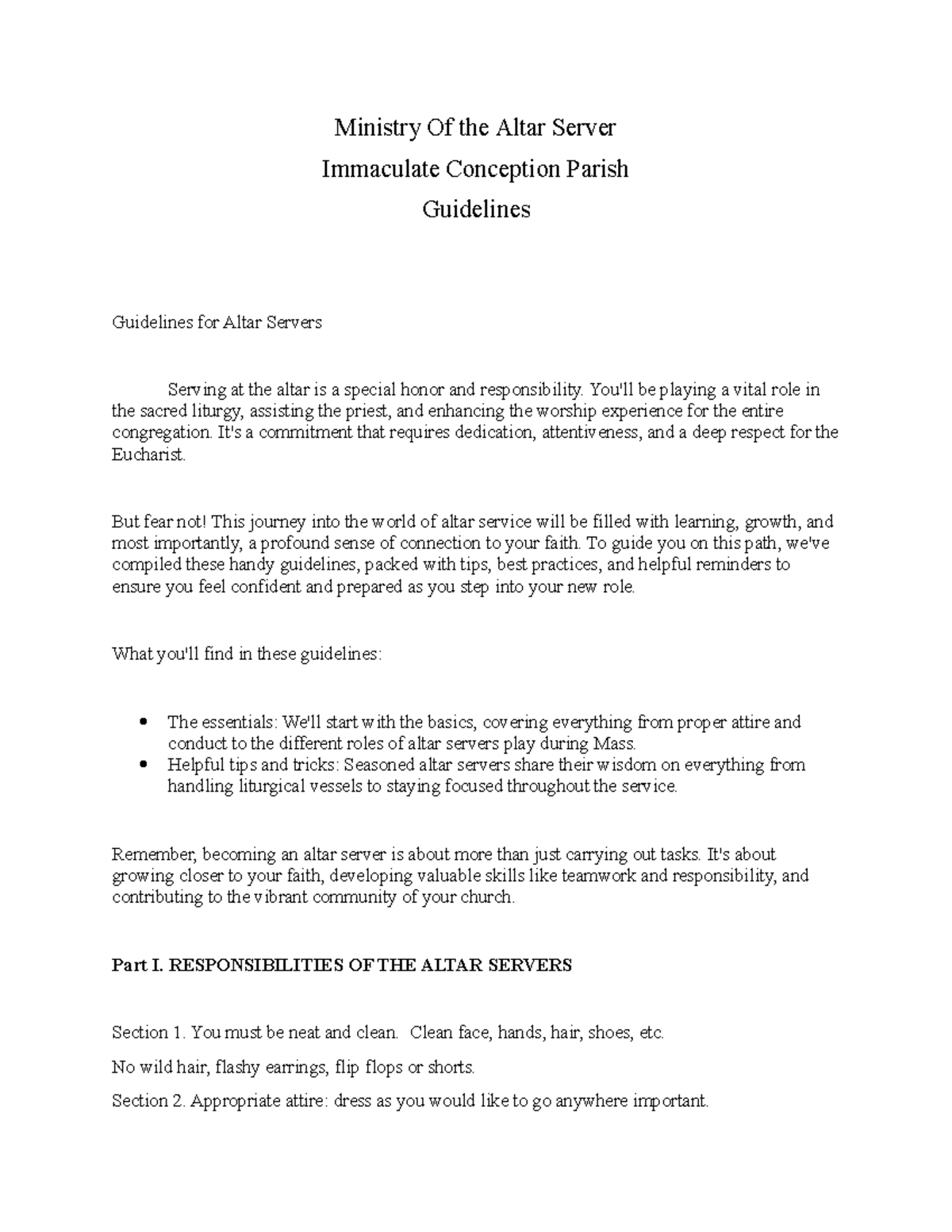 Ministry of the Altar Server Guidelines: Immaculate Conception Parish ...