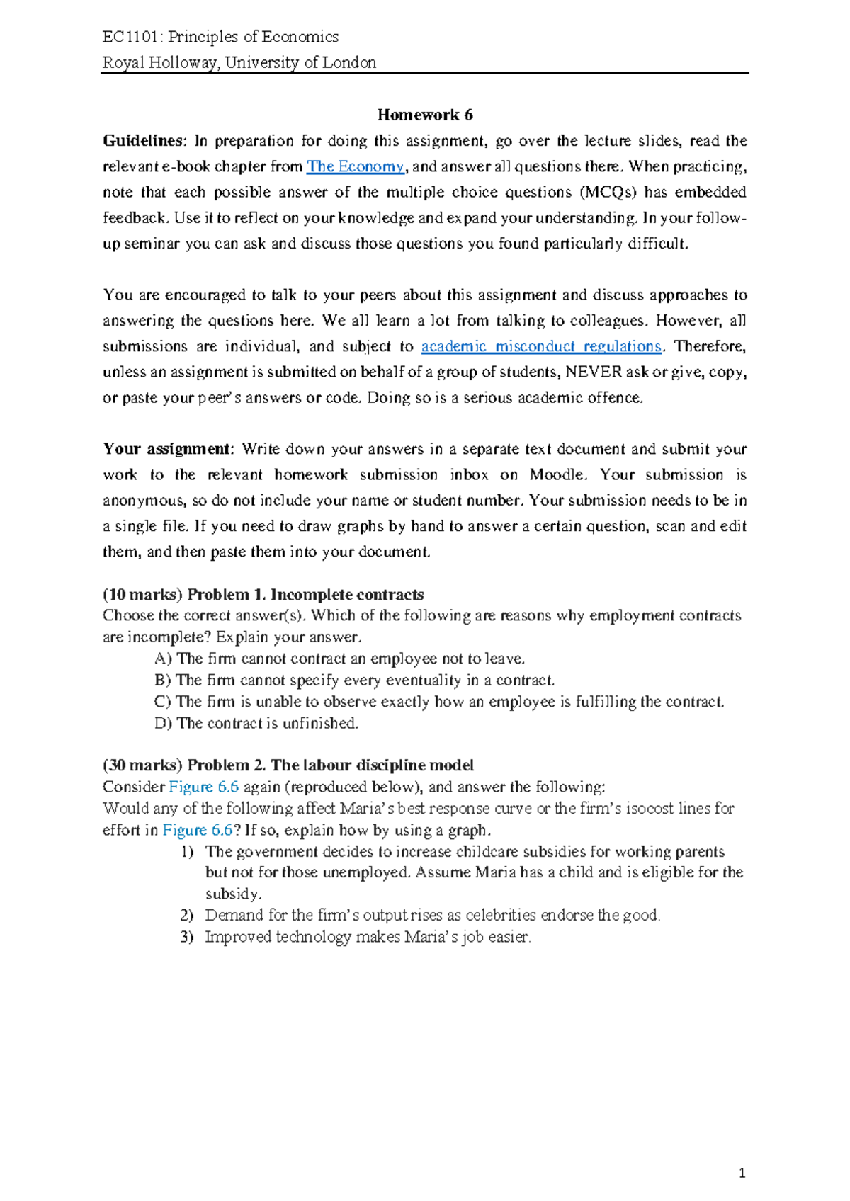EC1101: Principles of Economics Homework 6 Guidelines and Problems ...