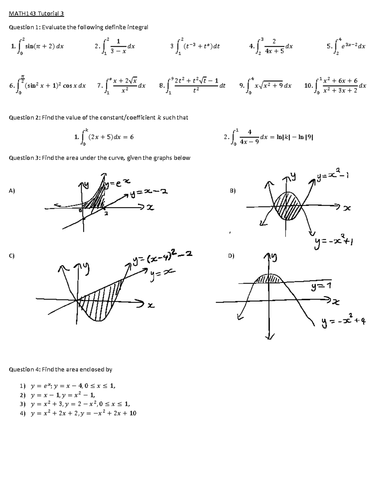 MATH143 Tutorial 3: Definite Integrals and Area Calculations - Studocu