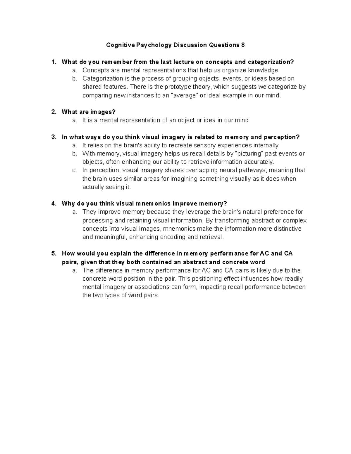 Cognitive Psychology Discussion Questions 8: Memory and Imagery ...