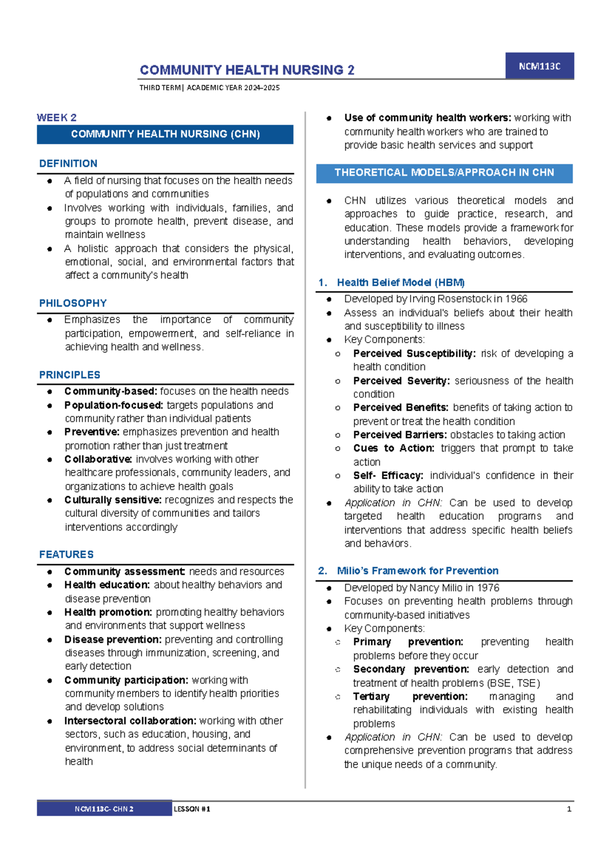 CHN 2 WEEK 2 - Community Health Nursing NCM113C Overview - Studocu
