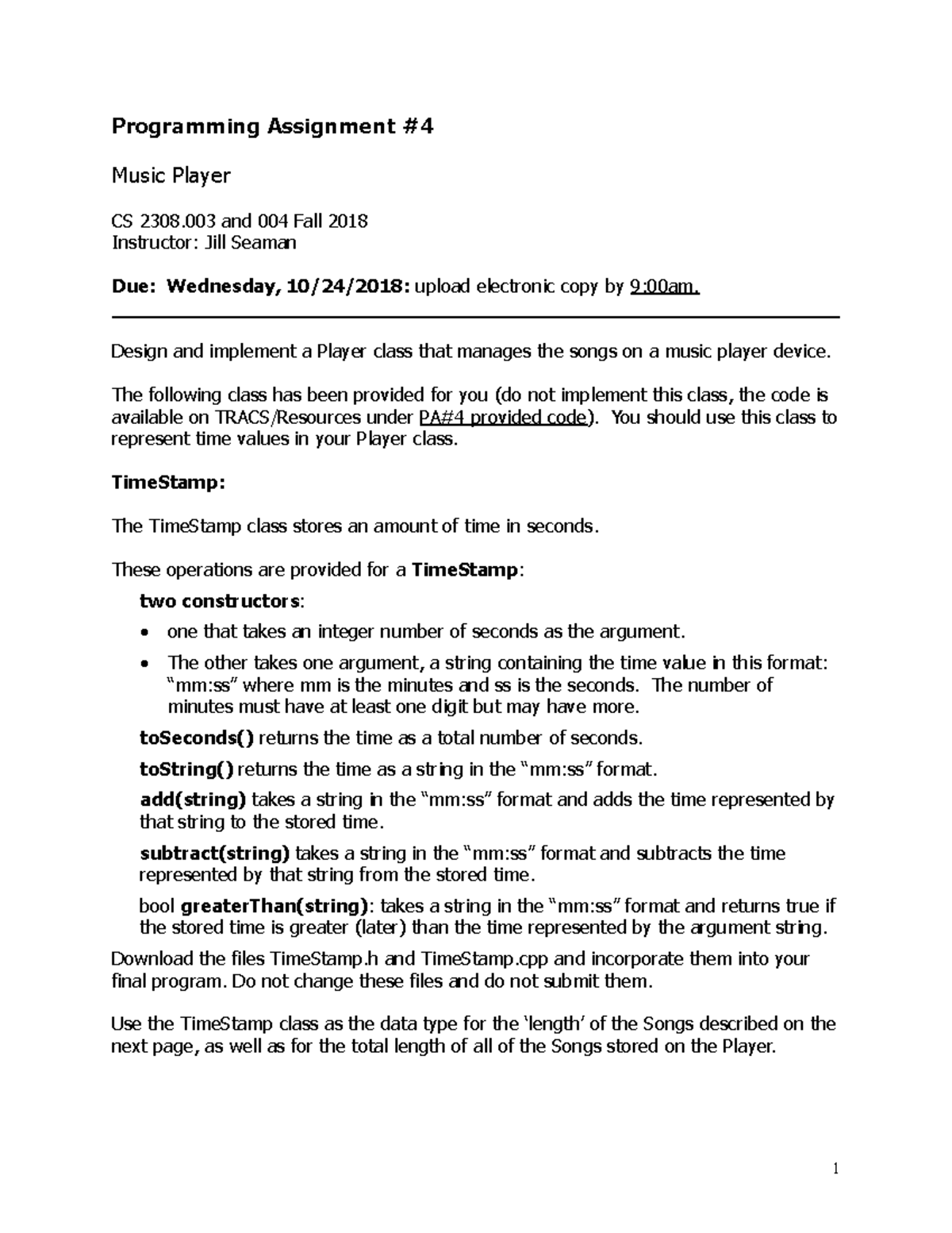 Assignment 4 - CS 2308 - Programming Assignment Music Player CS 2308 ...