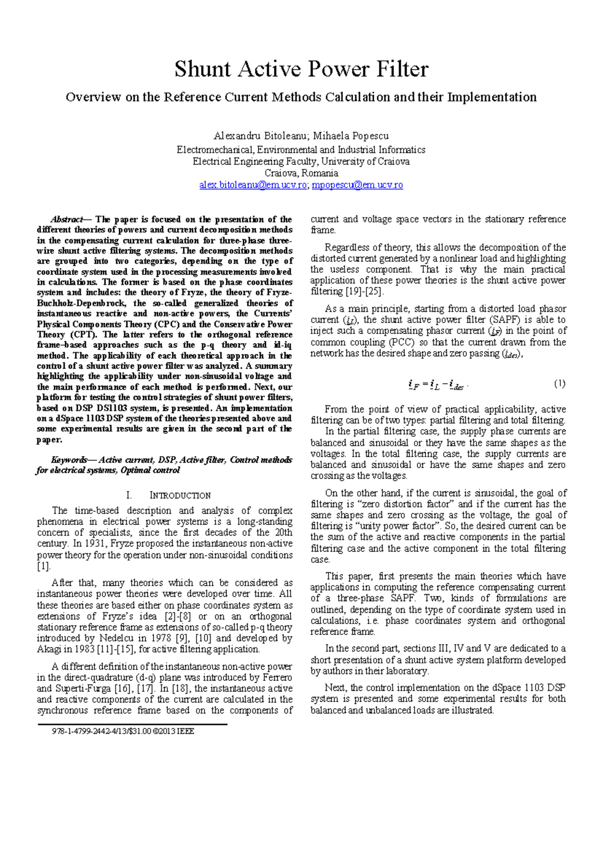Reference Current Methods for Shunt Active Power Filters (EE 123) - Studocu