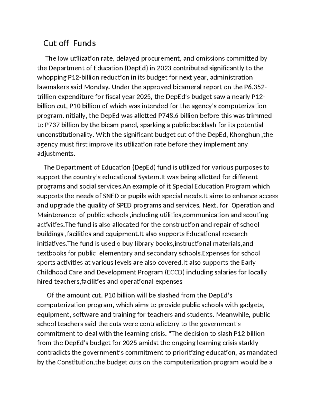 Cut off Funds for editorial - Cut off Funds The low utilization rate ...