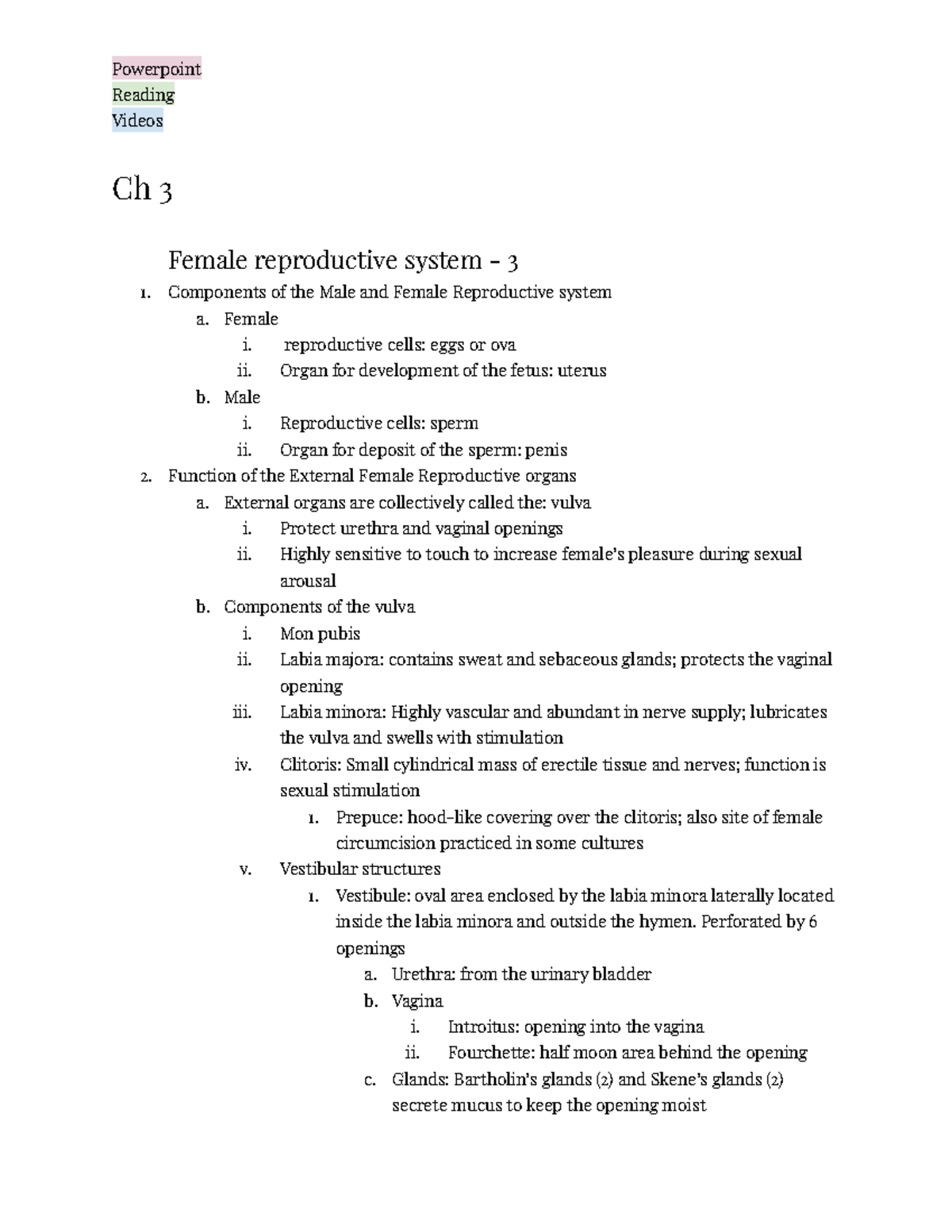 OB exam 1 - notes - Reading Videos Ch 3 Female reproductive system - 3 ...