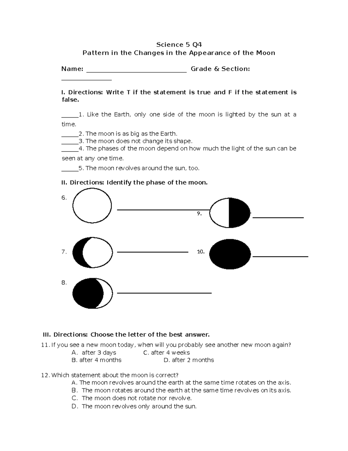 Activity Sheet IN Science Q4 Phases of the Moon - Science 5 Q Pattern ...