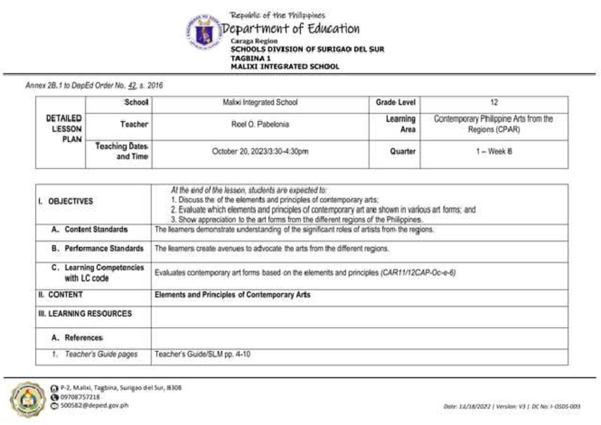 Contemporary Philippine Arts Lesson Plan (CPAR) - Grade 12 - Studocu