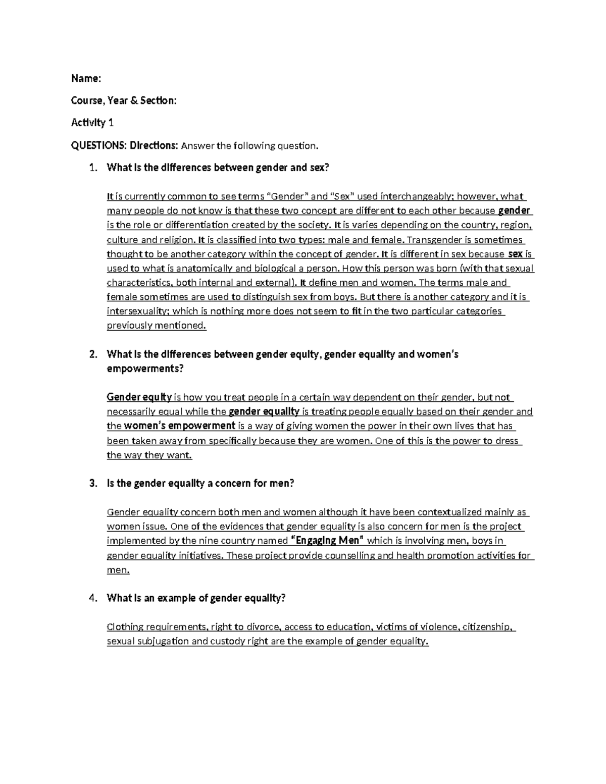 Sex and gender - Name: Course, Year & Section: Activity 1 QUESTIONS ...