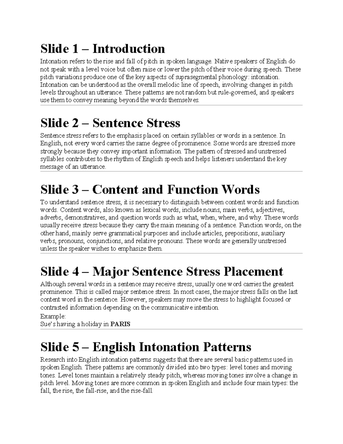 ENG 101: Lecture Notes on Intonation and Sentence Stress - Studocu