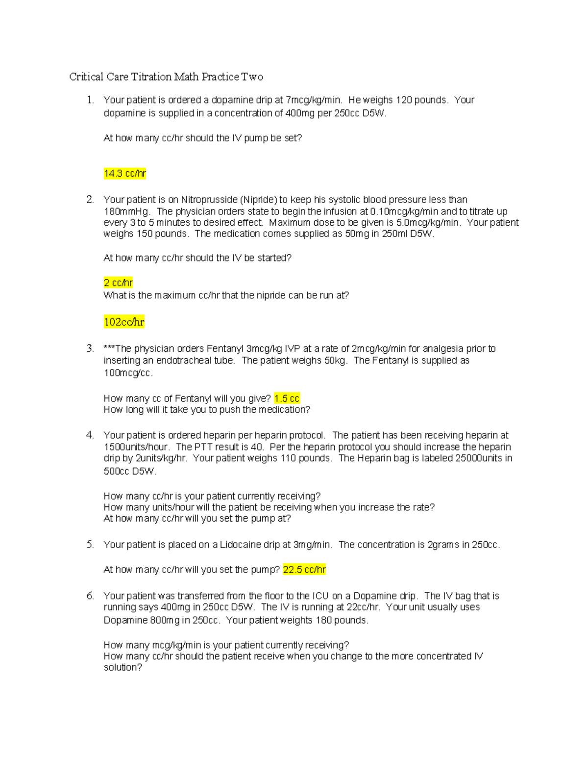Critical Care Med Math Practice 2: Drug Titration Calculations - Studocu