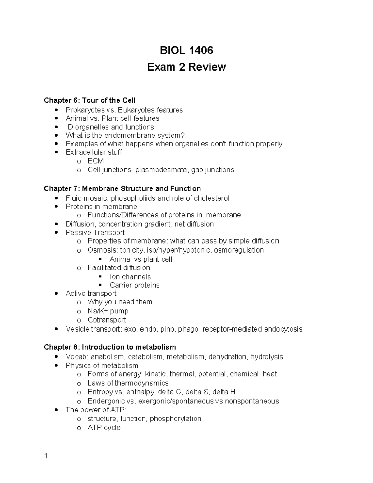 BIOL 1406 Mini Mester Exam 2 Review: Cell Structure & Metabolism - Studocu