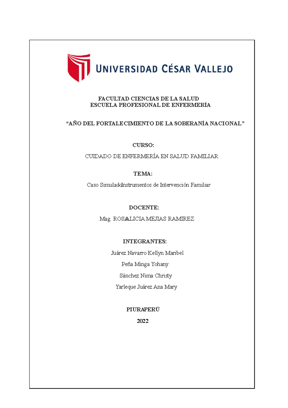 Caso Simulado de Intervención Familiar - CUIDADO ENF. SALUD FAMILIAR - Document Preview