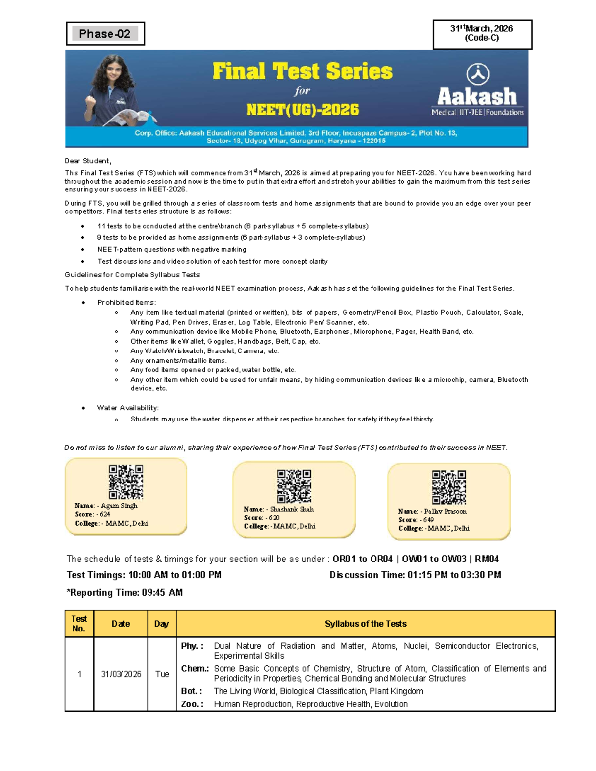 FTS Schedule for Final Test Series (NEET) - March 2026 - Studocu