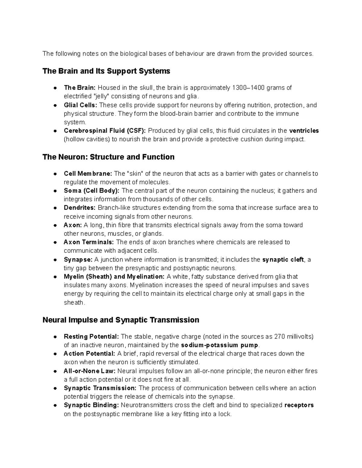 Psych 101: Biological Bases of Behavior - Learning Outcomes Notes 3 ...