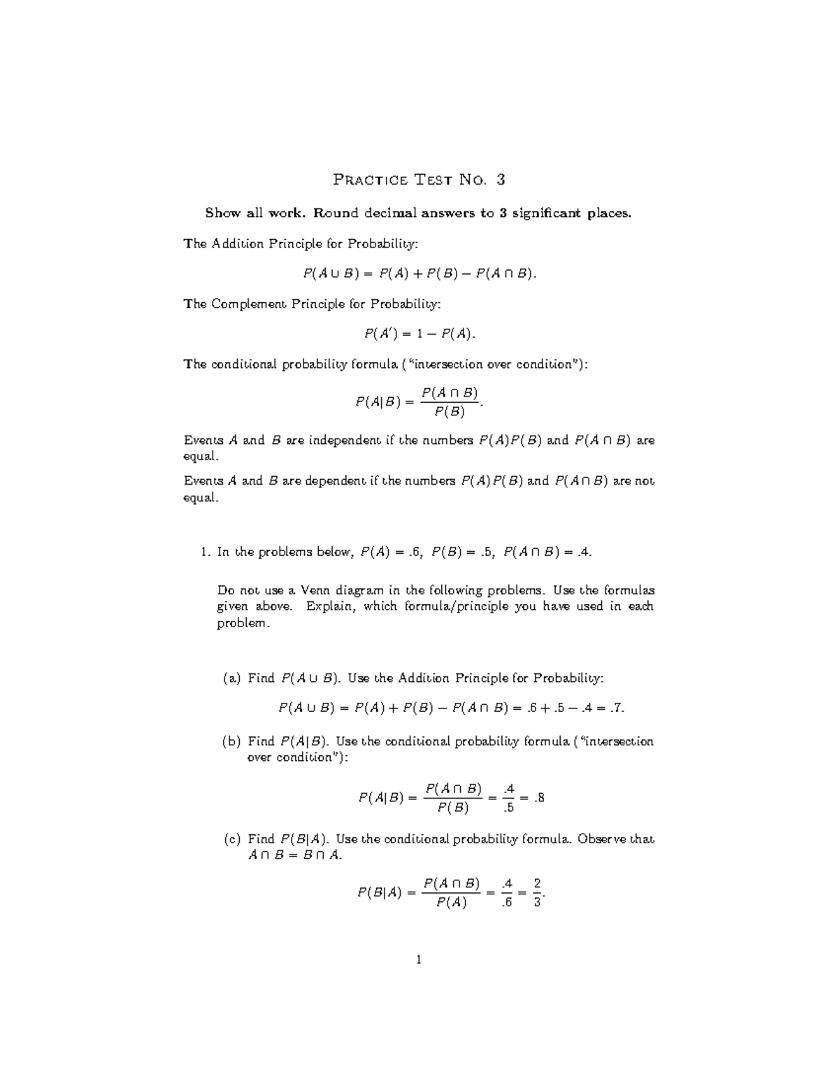 Probability Practice Test 3 with Solutions: Concepts & Formulas - Studocu