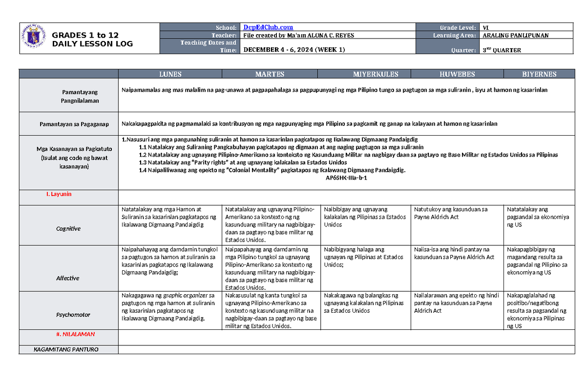 DLL Araling Panlipunan 6 Q3 W1 - GRADES 1 to 12 DAILY LESSON LOG School ...