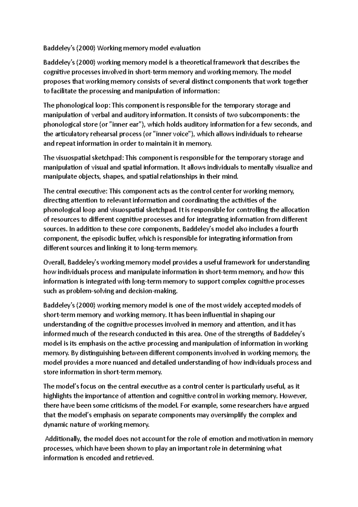 Evaluation of Baddeley’s (2000) Working Memory Model Components - Studocu