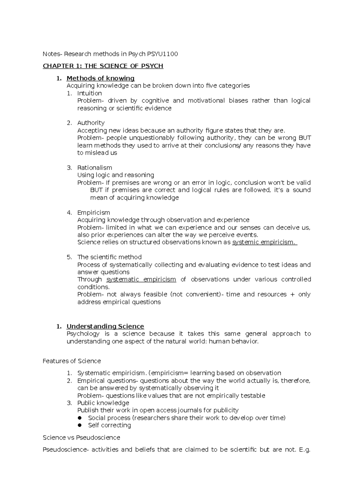 Research Methods in Psychology PSYU1100: Chapter 1 Overview and Key ...