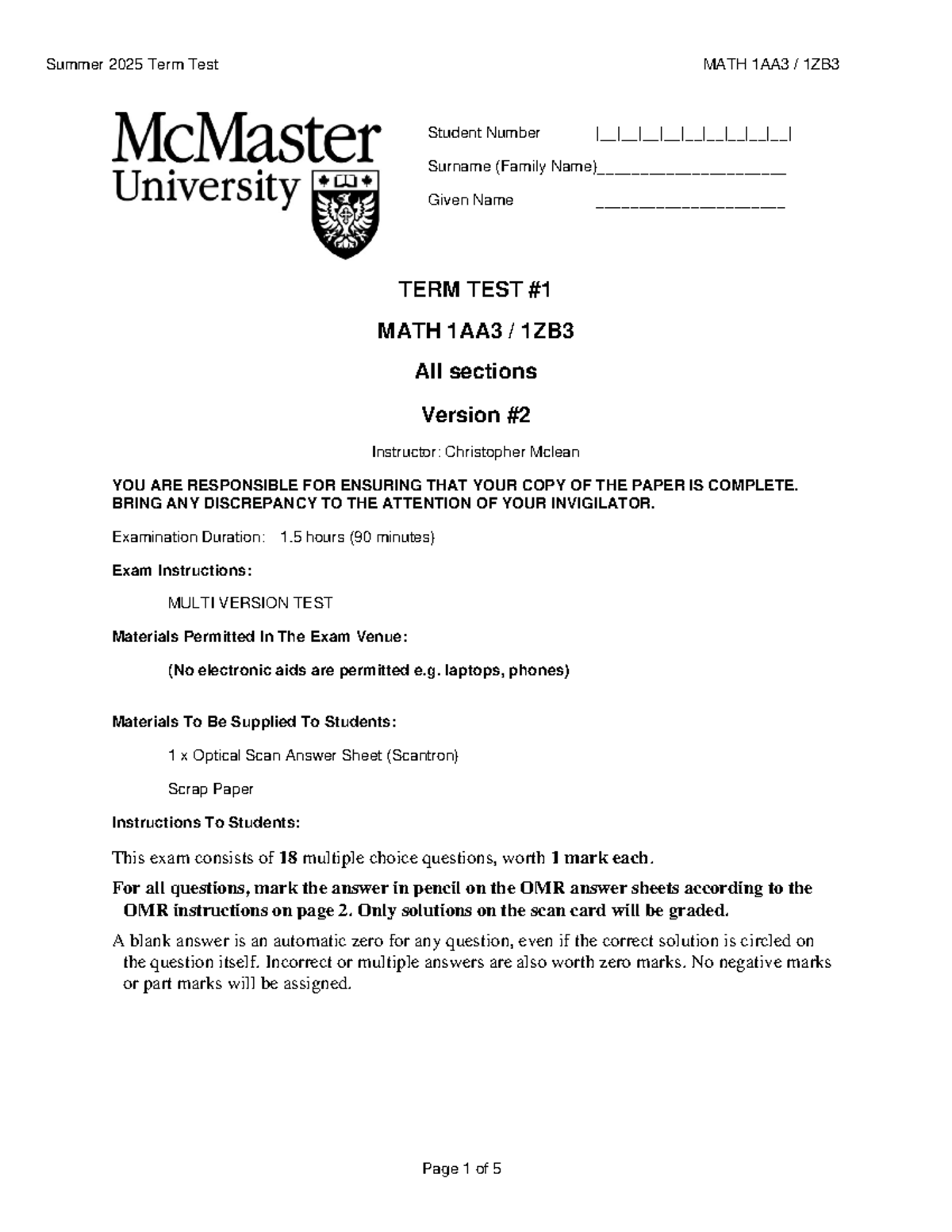 Summer 2025 Term Test MATH 1AA3 1ZB3 - Version 2 Instructions - Studocu