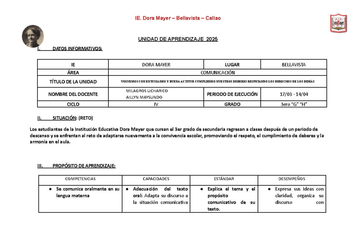 Unidad 1- 3ero - UNIDAD DE APRENDIZAJE 2025 I. DATOS INFORMATIVOS: IE ...