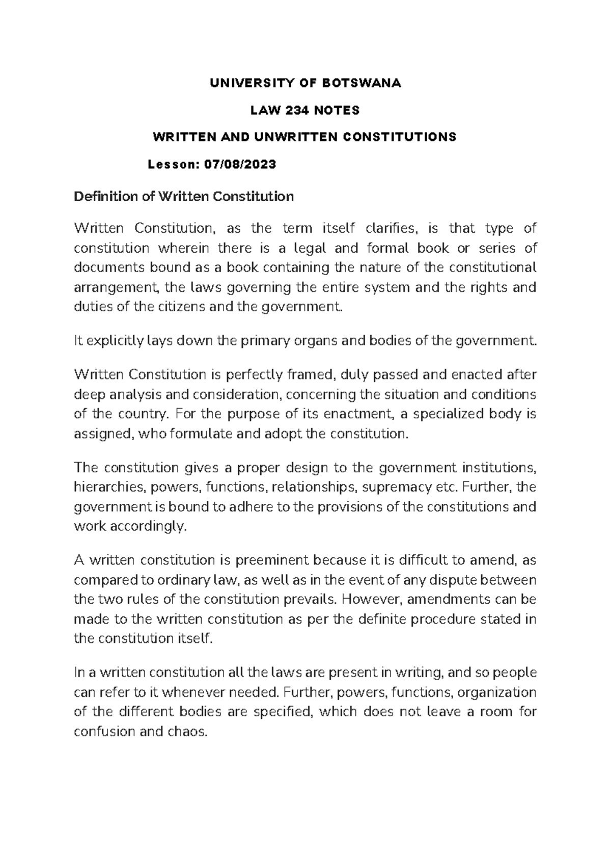LAW 234 Lesson Notes: Written vs Unwritten Constitutions - Studocu