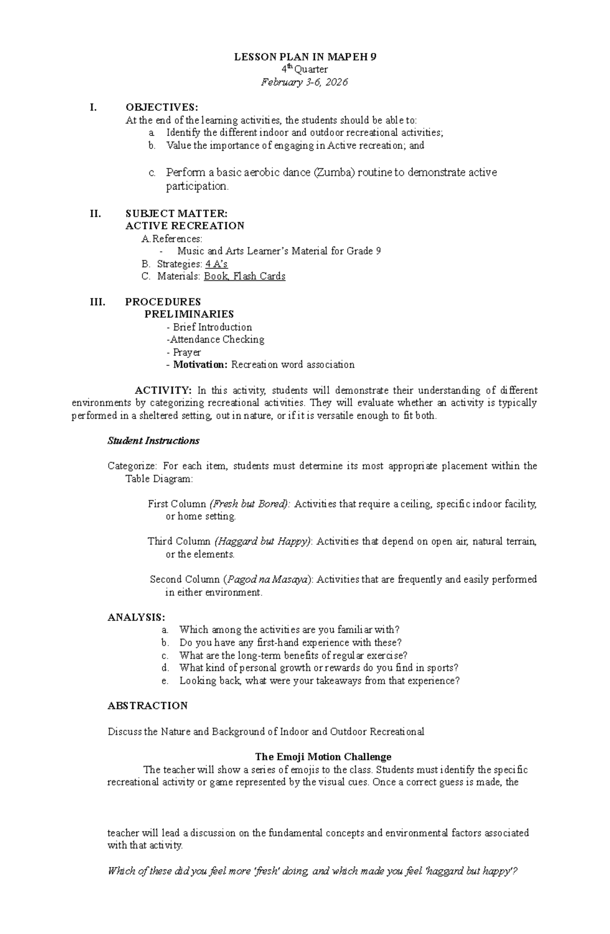 DLP - MAPEH 9 Lesson Plan: Active Recreation Activities - Studocu