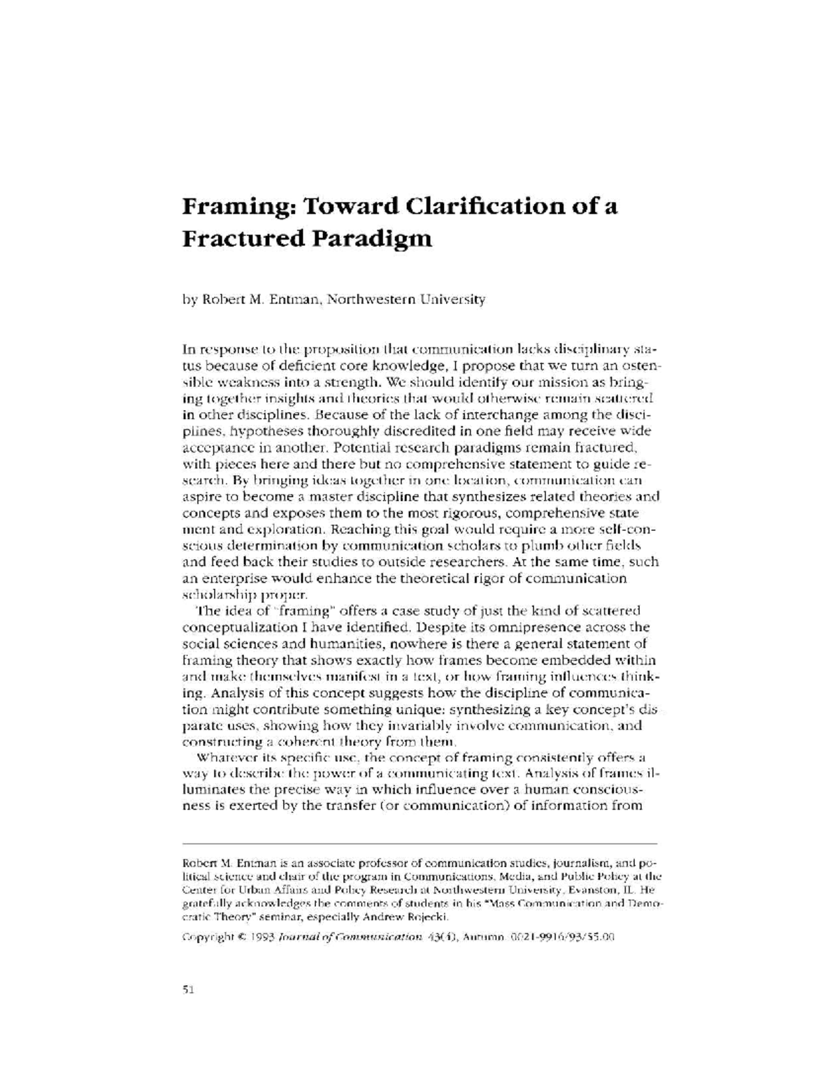 Framing Theory: Clarifying a Fractured Paradigm - Entman Summary - Studocu
