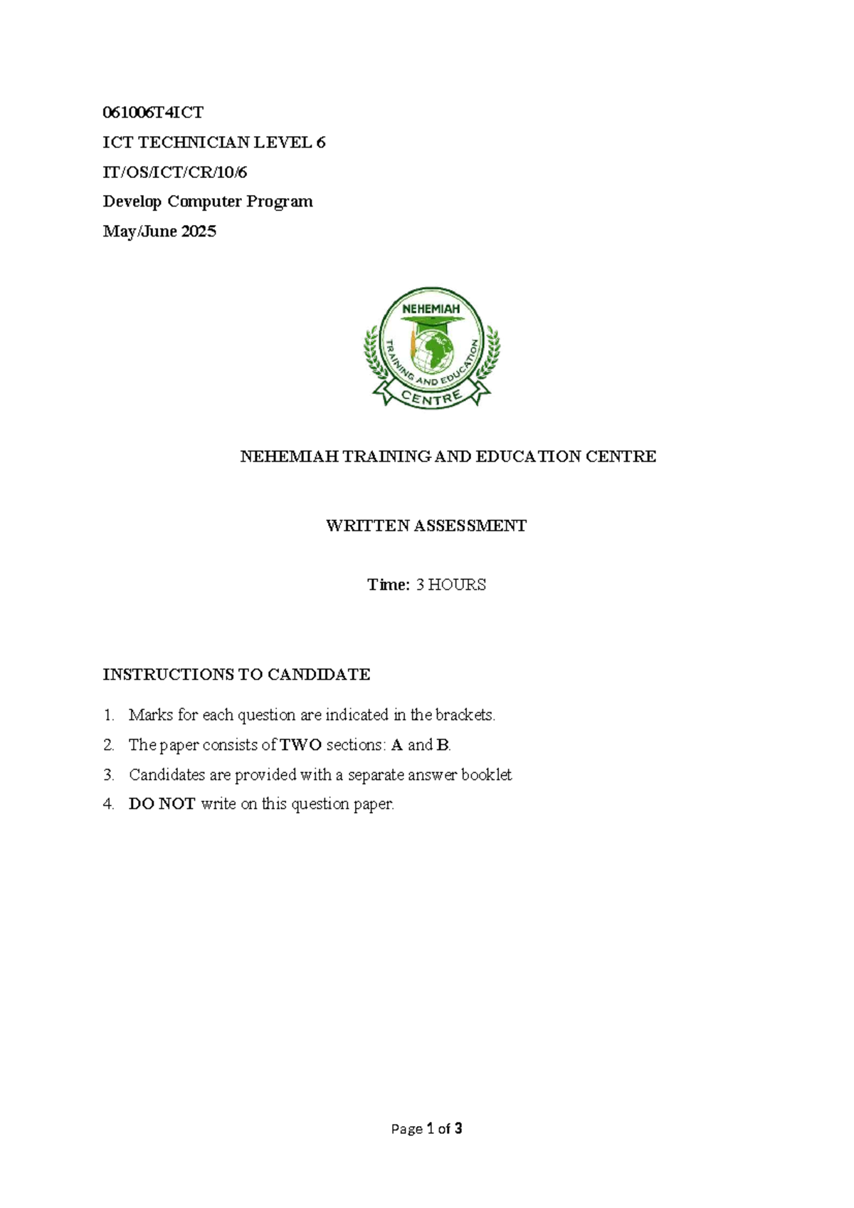 061006T4ICT ICT TECHNICIAN LEVEL 6 Final Exam: Develop Computer Program ...