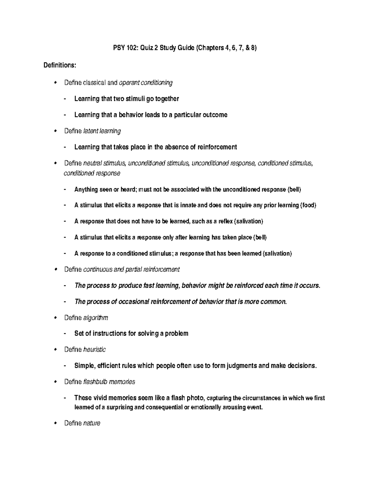 PSY 102 Quiz 2 Study Guide: Key Concepts from Chapters 4-8 - Studocu