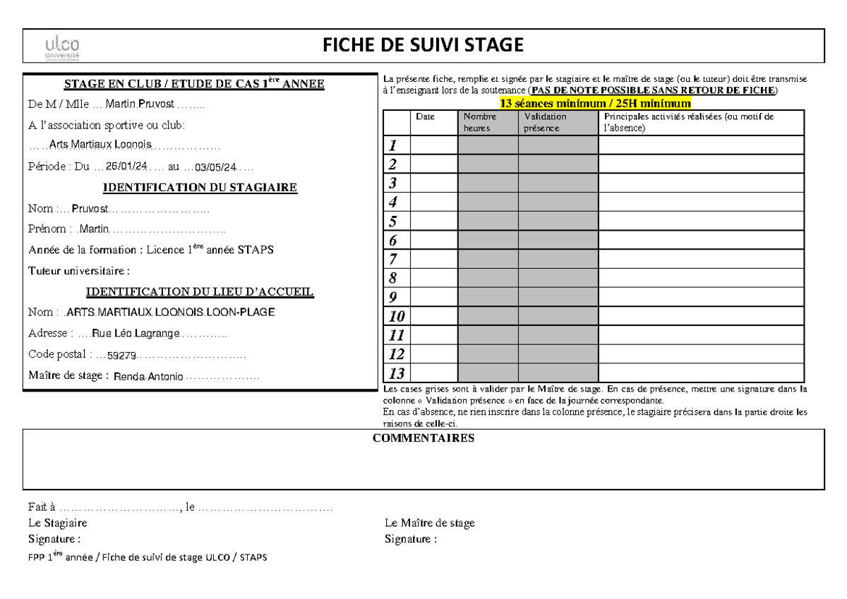 Fiche de Suivi Stage L1 STAPS 2023-2024 pour Club Sportif - Studocu