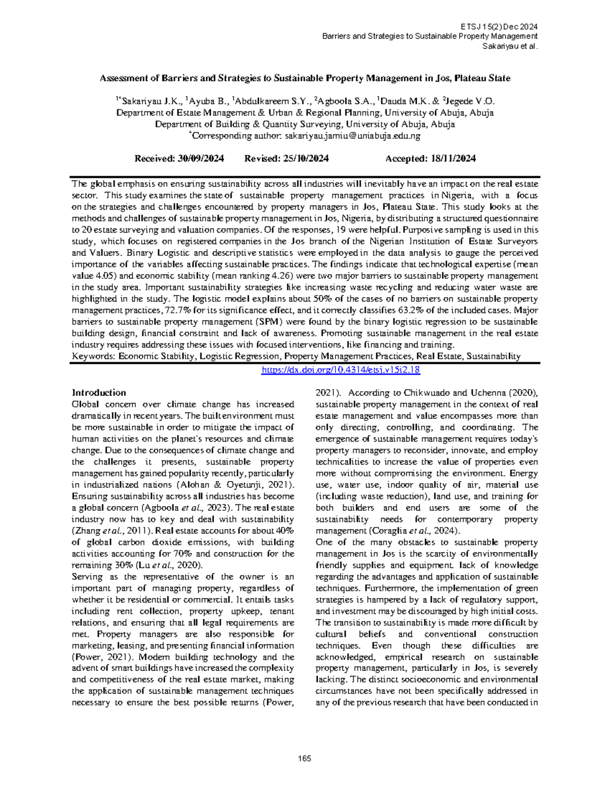 ETSJ 15(2) Dec 2024: Barriers & Strategies for Sustainable Property ...