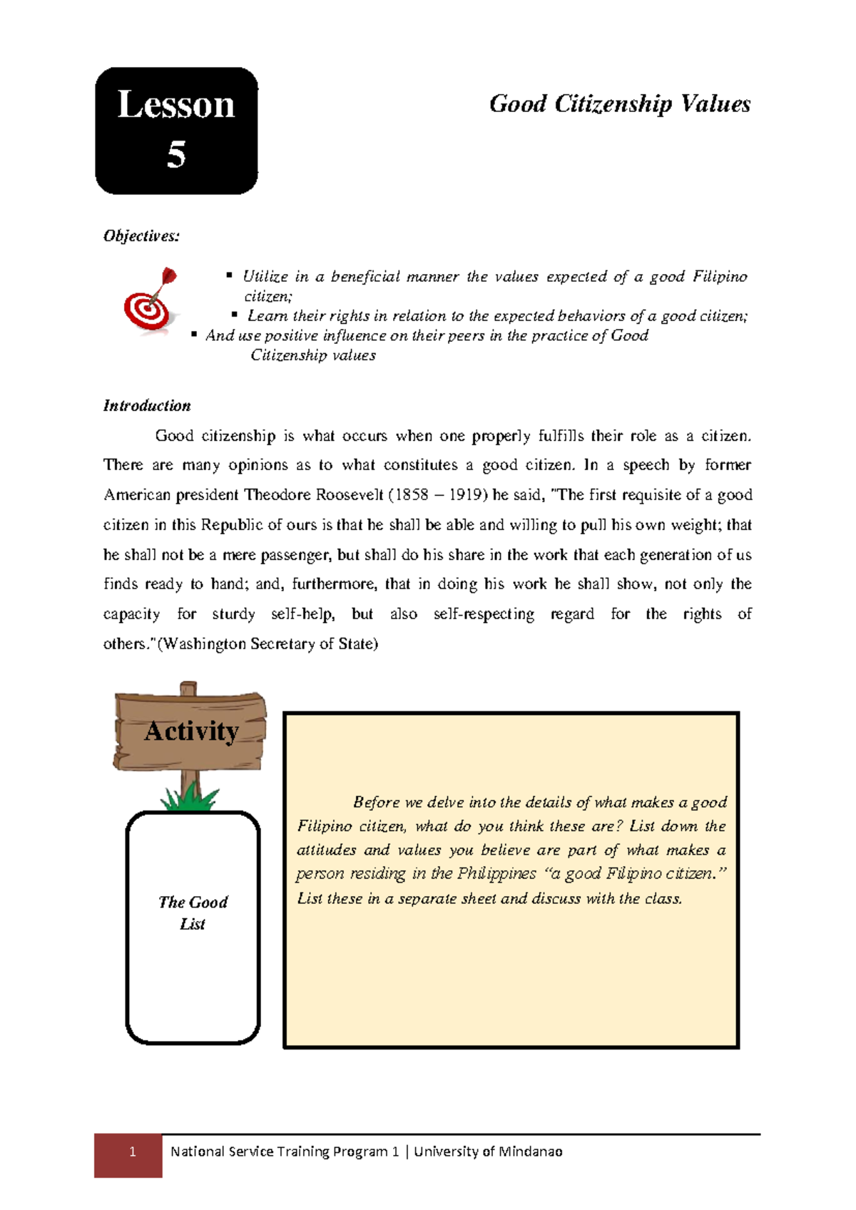 Module 1 Lesson 5: Understanding Good Citizenship Values - Studocu