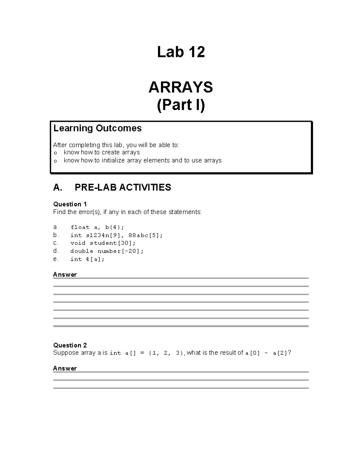 Lab 12 - Arrays (Part I) Learning Outcomes and Activities - Studocu