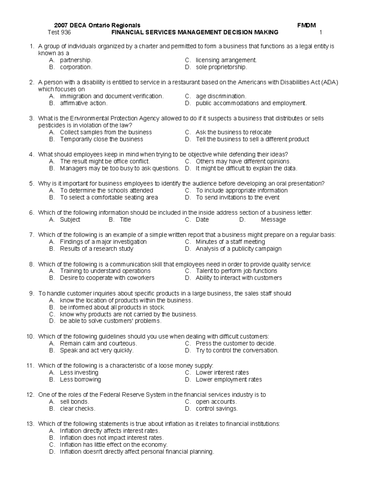 2007 FTDM Exam and Key - DECA exam - 2007 DECA Ontario Regionals FMDM ...