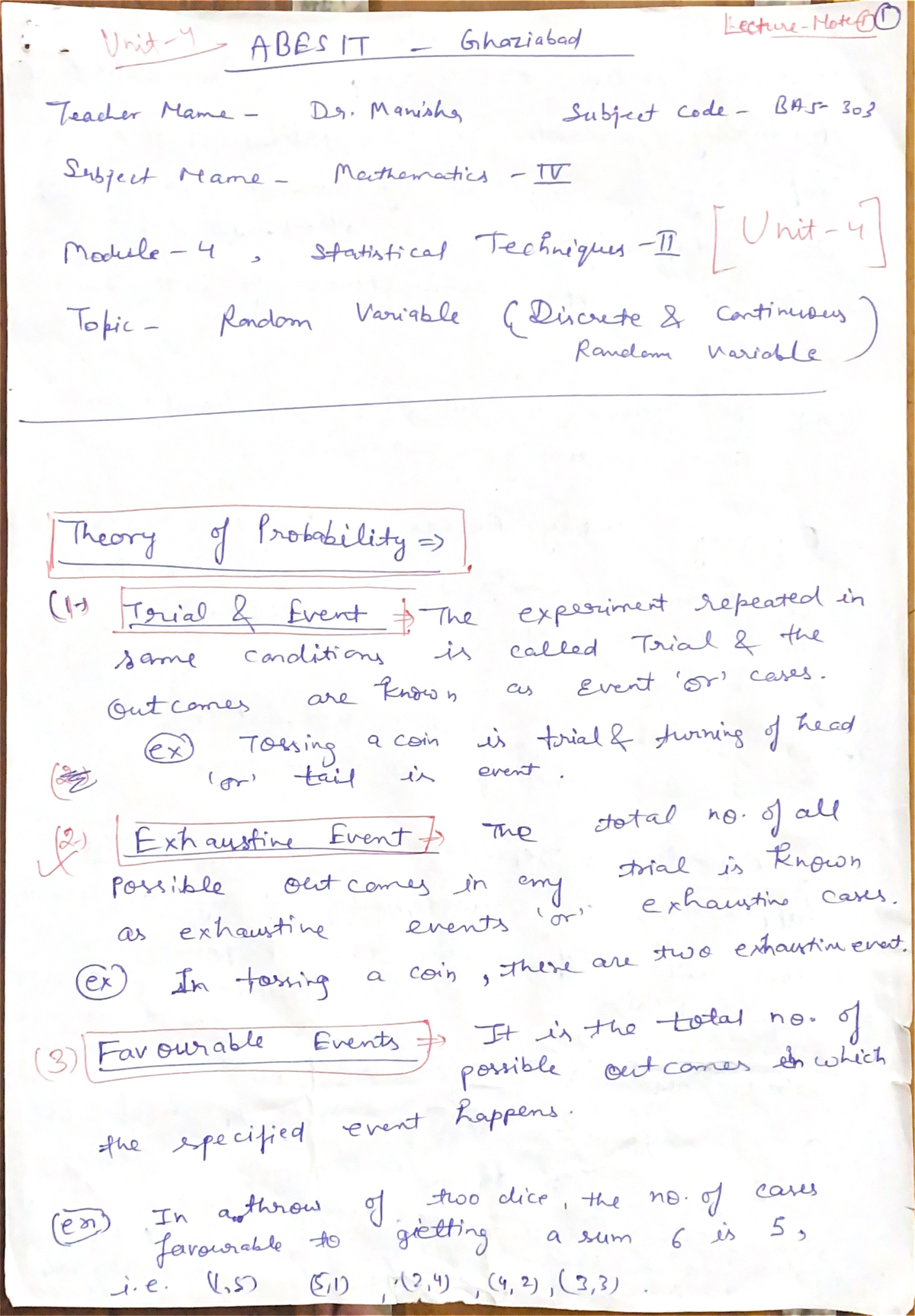 Notes 1 - 1 Unit ABESIT Ghaziabad Teacher Mame Dr. Manisha Subject 303 ...