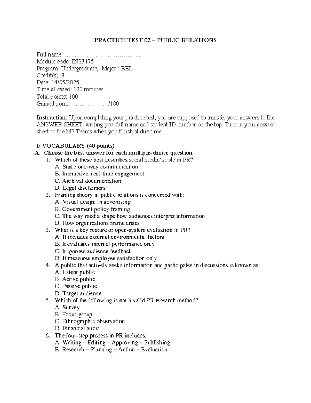 Practice Test 02: Public Relations Insights - INS3175 - Studocu