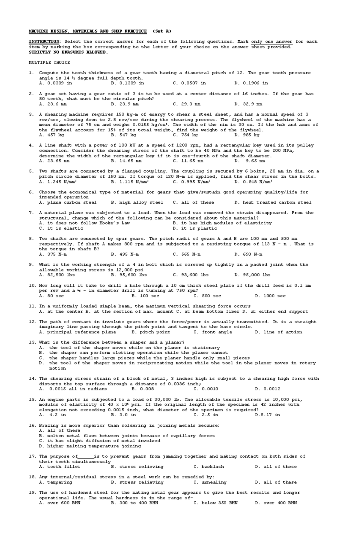 MACHINE DESIGN 1: Practice Questions and Answers (Set A) - Studocu